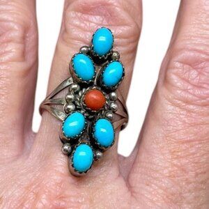 Vintage Native American Sterling Silver Turquoise and Coral Ring, Size 8.5